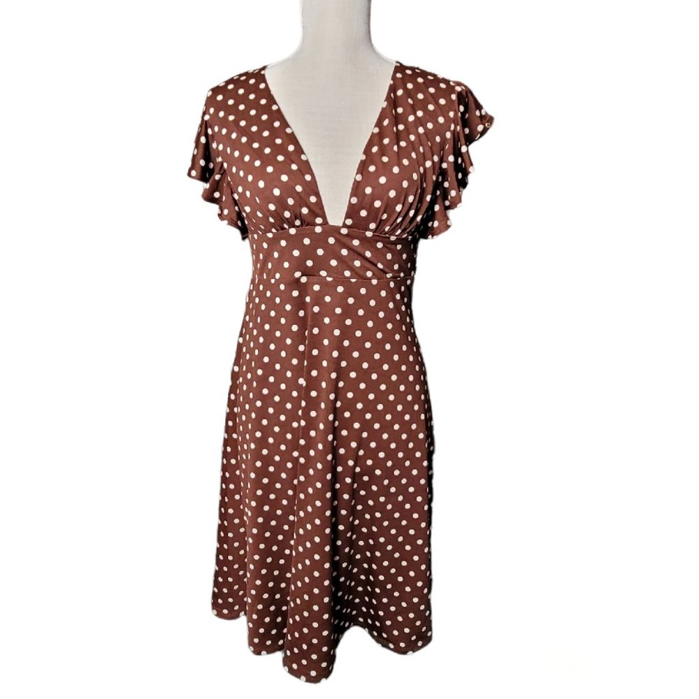 Venus V Neck Polka Dot Dress Brown Small
